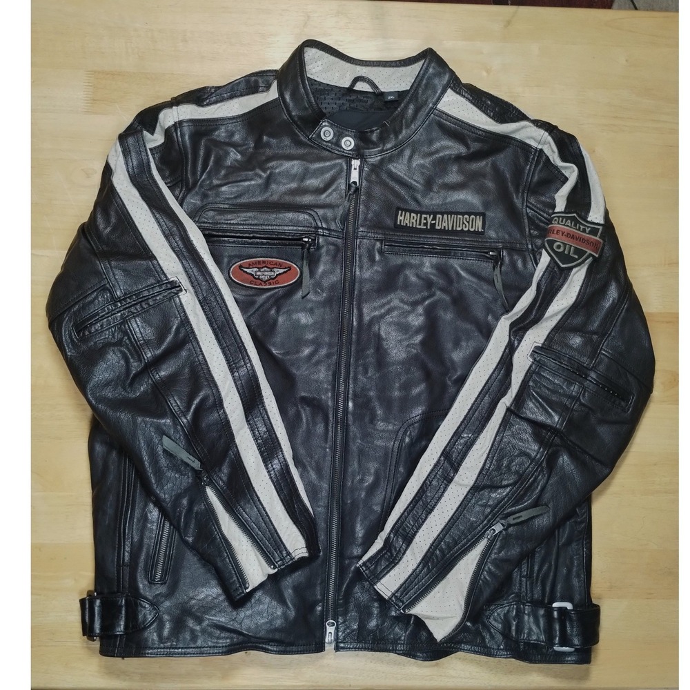 Harley Davidson Mens Leather Motorcycle Jacket Black Riding Patches 2XL